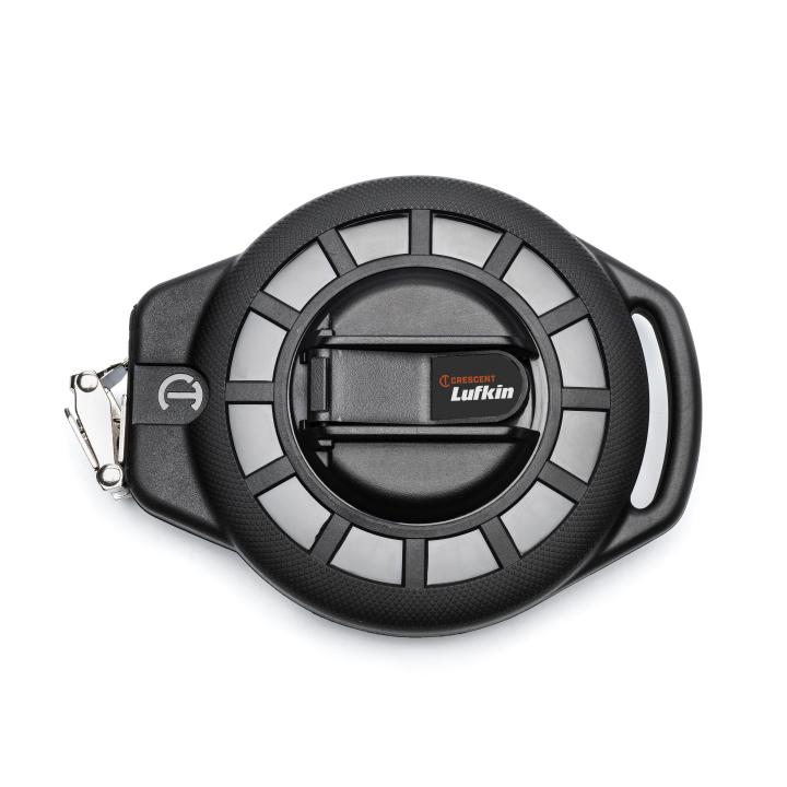 This is a product photograph of a Crescent Lufkin 3/8" x 100' Nite Eye Steel Construction Long Tape laid flat against a white background.

The tape measure features a black plastic case with gray segments, a silver metal hook at the end of the tape, and a black crank handle on top. The "Crescent Lufkin" logo is visible on the center portion. The shot is taken directly from above, showcasing the tape measure's design and features.