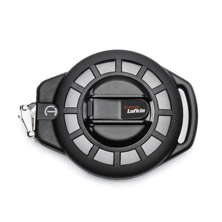 This is a product photograph of a Crescent Lufkin 3/8" x 100' Nite Eye Steel Construction Long Tape laid flat against a white background.

The tape measure features a black plastic case with gray segments, a silver metal hook at the end of the tape, and a black crank handle on top. The "Crescent Lufkin" logo is visible on the center portion. The shot is taken directly from above, showcasing the tape measure's design and features.
