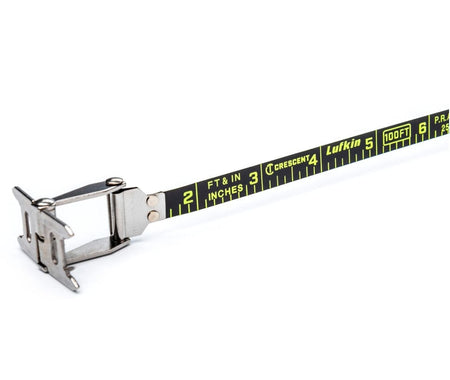 A high-resolution close-up of the Crescent Lufkin Nite Eye 100-foot tape blade, showcasing the high-visibility green markings on a matte black steel surface and the extra-wide dual-sided end hook for versatile measurements.