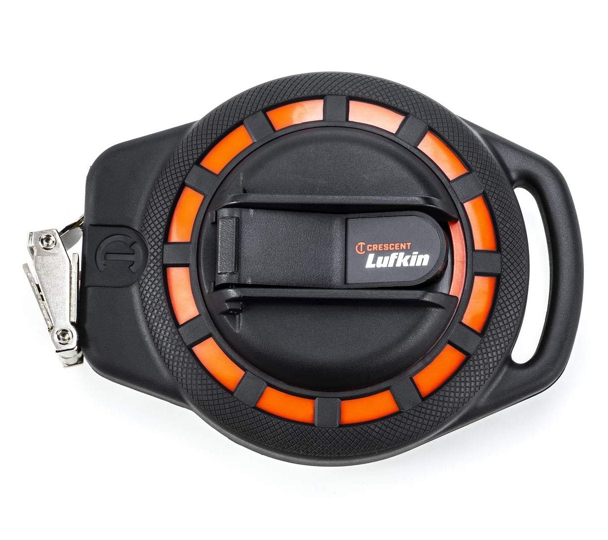 A professional product photograph of the Crescent Lufkin ST50-07 50-foot steel long tape measure featuring a rugged black and orange impact-resistant ABS case with a compact open-reel design.