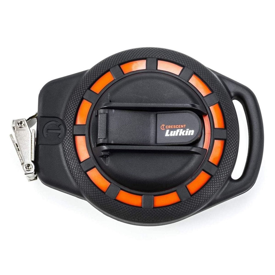 A professional product photograph of the Crescent Lufkin ST50-07 50-foot steel long tape measure featuring a rugged black and orange impact-resistant ABS case with a compact open-reel design.