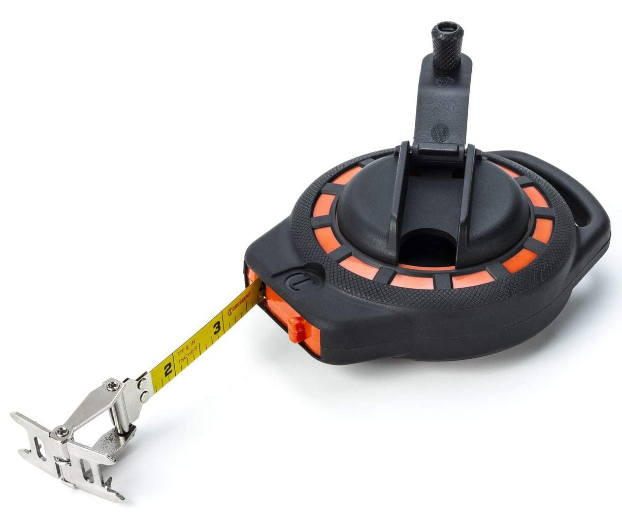 A perspective studio shot of the Crescent Lufkin 50-foot measuring tape with the steel blade extended, showcasing the 3:1 rapid rewind hub and the extra-wide dual-sided end hook.