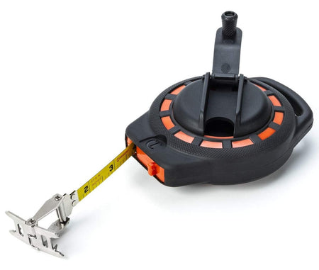 A perspective studio shot of the Crescent Lufkin 50-foot measuring tape with the steel blade extended, showcasing the 3:1 rapid rewind hub and the extra-wide dual-sided end hook.