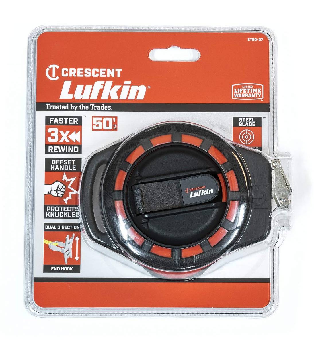 A professional retail packaging shot of the Crescent Lufkin ST50-07 long tape measure detailing key features such as the 3x faster rewind, offset handle to protect knuckles, and a limited lifetime warranty.