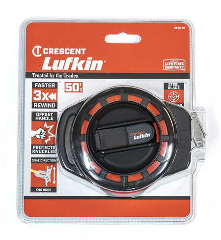 A professional retail packaging shot of the Crescent Lufkin ST50-07 long tape measure detailing key features such as the 3x faster rewind, offset handle to protect knuckles, and a limited lifetime warranty.