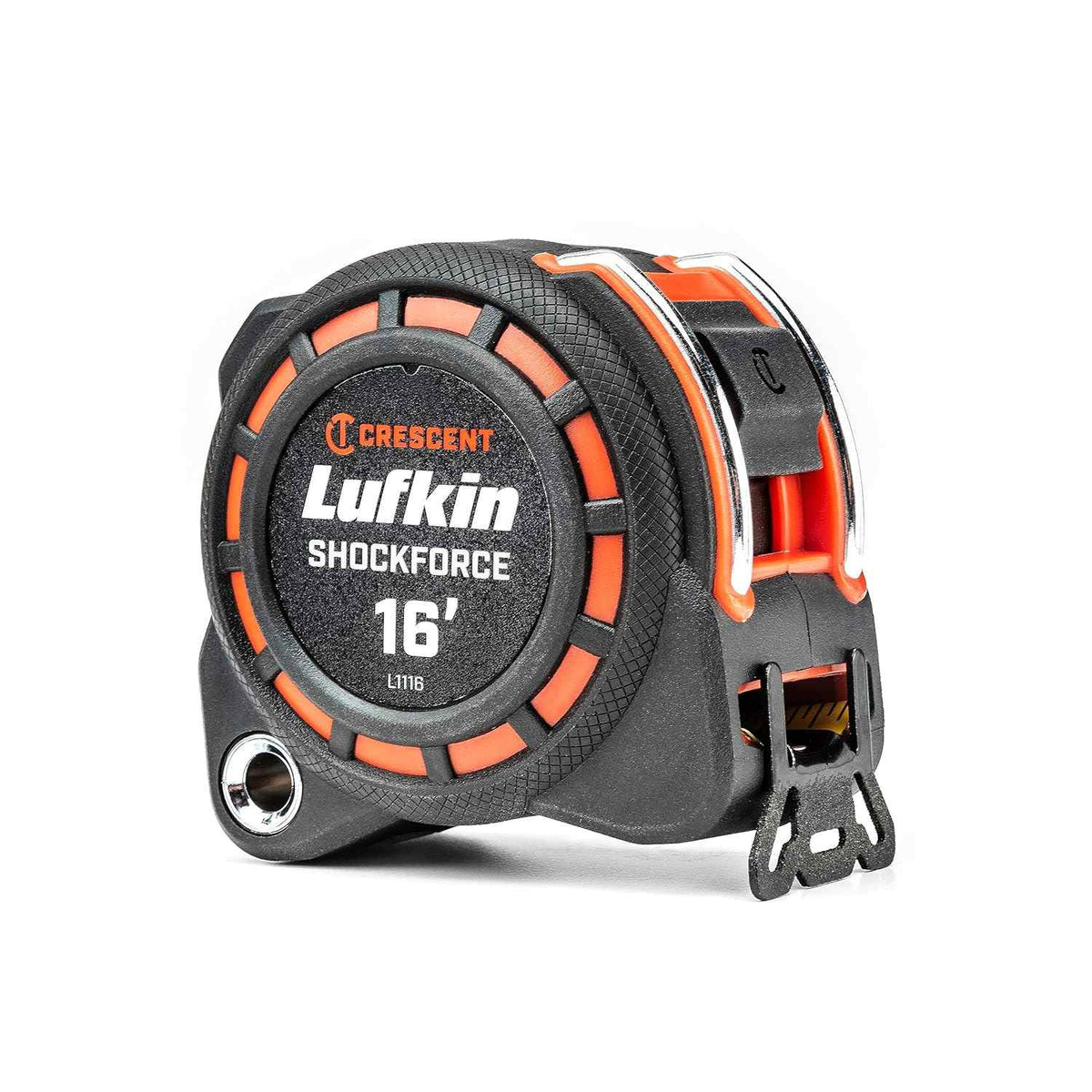 Studio view of the Crescent Lufkin Shockforce 16-foot tape measure featuring a black high-visibility case with orange accents and a steel tether point against a white background.