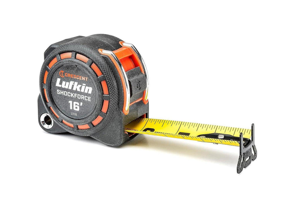 Angled studio view of the Crescent Lufkin tape measure with the yellow blade extended, showing the high-contrast horizontal markings and the diamond-coated end hook.