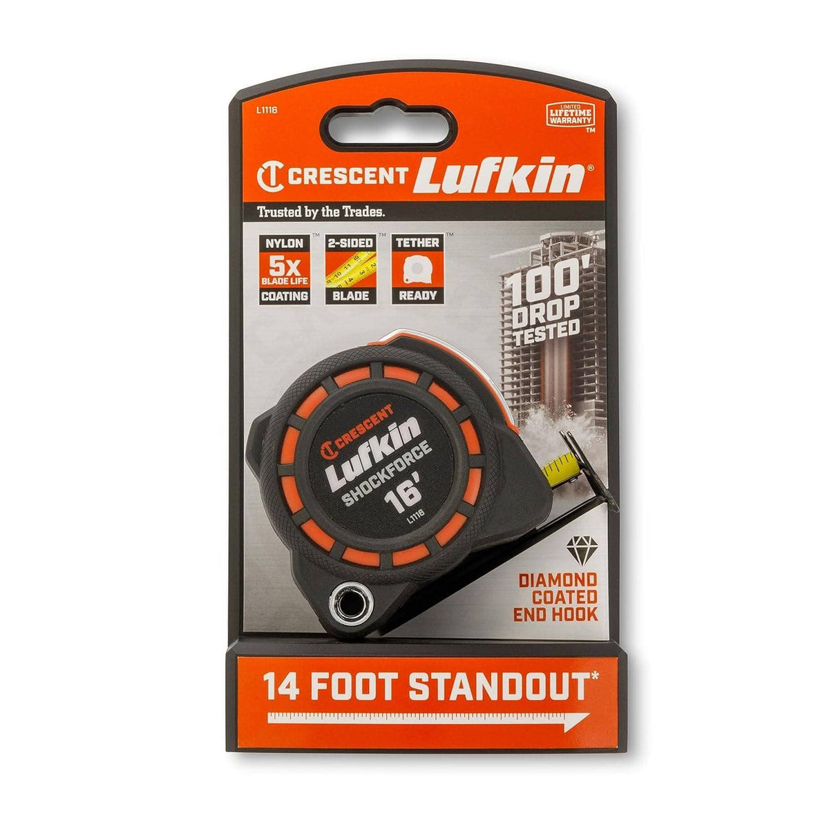 Retail packaging for the Crescent Lufkin Shockforce tape measure, featuring marketing text that reads 100 Foot Drop Tested, Nylon Blade Coating, 2-Sided Blade, and 14 Foot Standout.