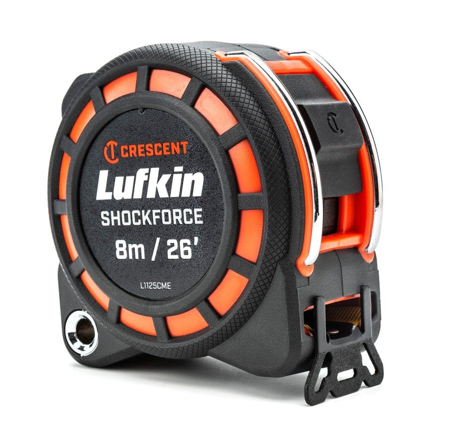 Front view of the Crescent Lufkin L1125CME-02 showing the durable matte-finish housing with integrated steel tether point and the secure locking mechanism for professional jobsite use.