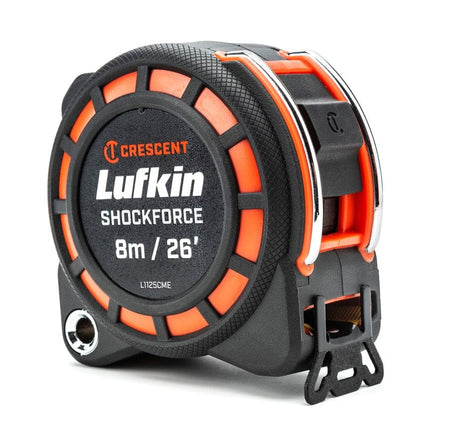 Front view of the Crescent Lufkin L1125CME-02 showing the durable matte-finish housing with integrated steel tether point and the secure locking mechanism for professional jobsite use.