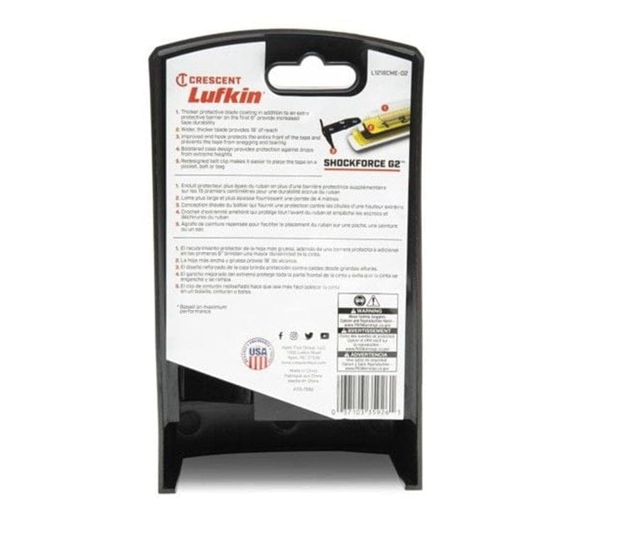 Back of the retail packaging for the L1216CME-02 tape measure providing multi-language technical specifications, including information on the protective mylar blade coating, 17-foot standout reach, and steel tether point.