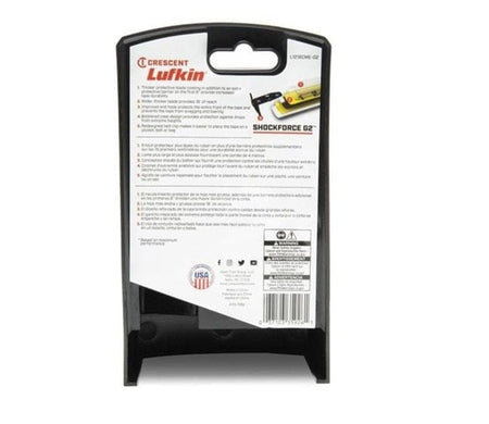 Back of the retail packaging for the L1216CME-02 tape measure providing multi-language technical specifications, including information on the protective mylar blade coating, 17-foot standout reach, and steel tether point.