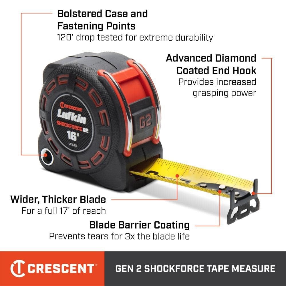 Feature infographic highlighting the professional capabilities of the Gen 2 Shockforce tape measure, including its 120-foot drop-tested bolstered case, 17 feet of solo reach via a wider blade, and specialized blade barrier coating designed for 3x the standard blade life.