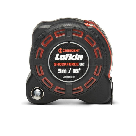 Direct side profile of the Crescent Lufkin Shockforce G2 16-foot tape measure showcasing the compact matte black composite housing with ergonomic orange rubber grip points and clear 5m / 16' model branding.
