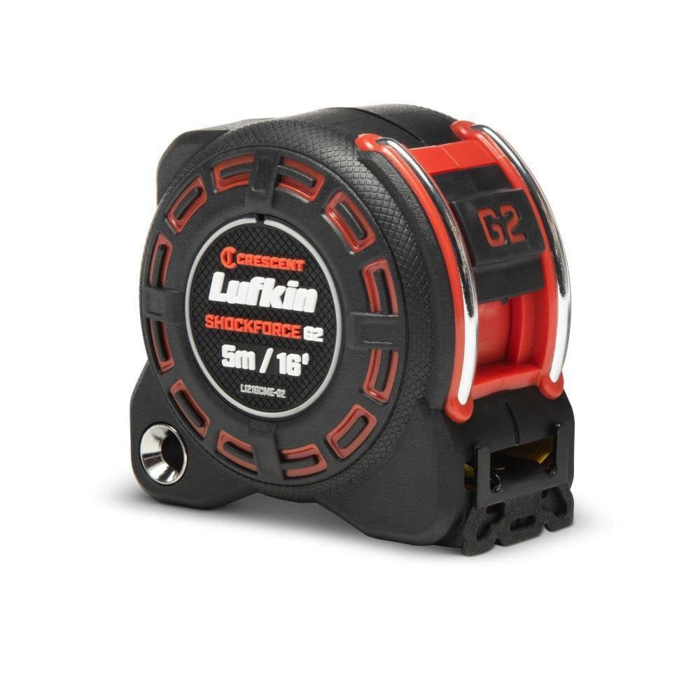 Direct side profile of the Crescent Lufkin Shockforce G2 16-foot tape measure showcasing the compact matte black composite housing with ergonomic orange rubber grip points and clear 5m / 16' model branding.