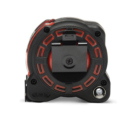 Rear view of the L1216CME-02 professional tape measure focusing on the heavy-duty black steel belt clip with integrated release lever and the reinforced case fastening points for maximum jobsite durability.