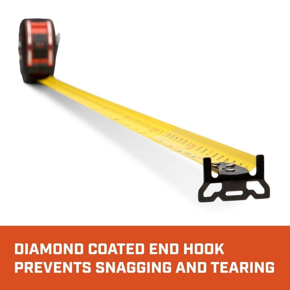 Perspective view looking down the extended 16-foot Shockforce G2 blade toward the case, highlighting the dual-sided yellow blade with high-contrast metric and SAE graduations and the industrial-grade 360-degree end hook.