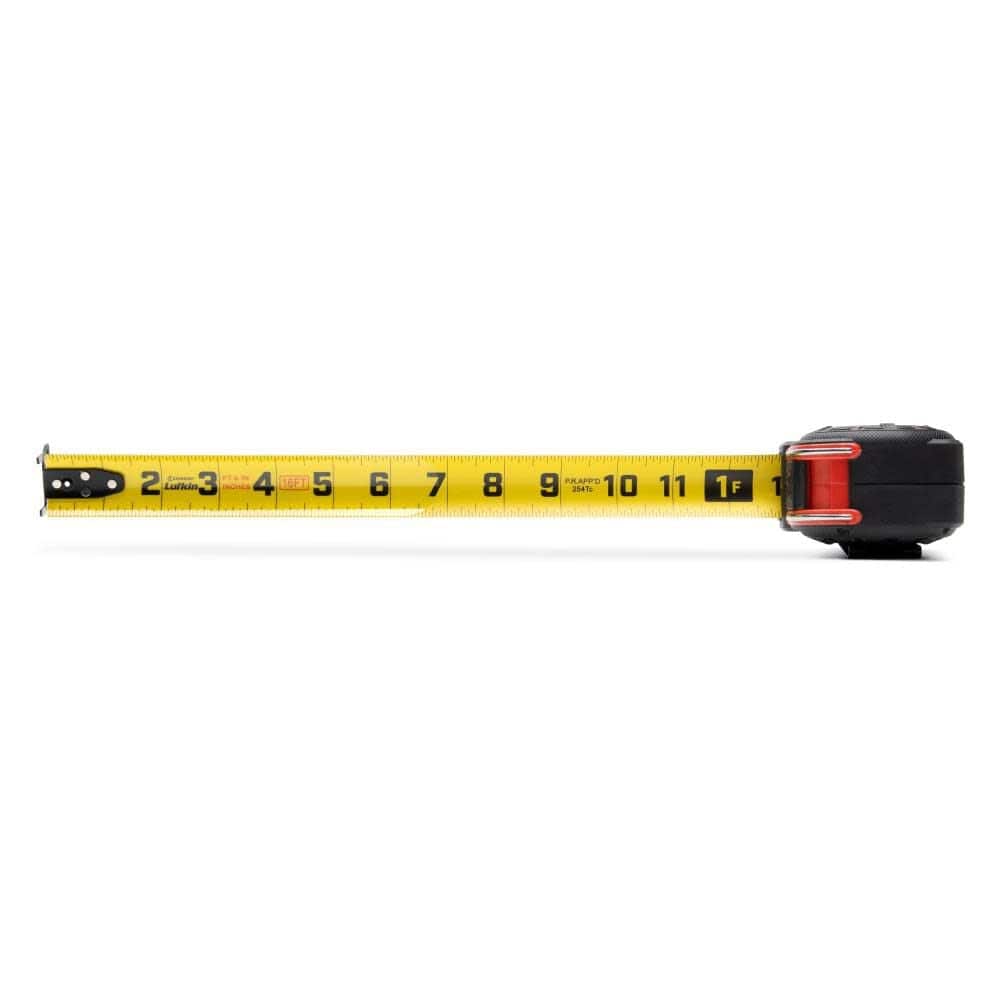 Top-down view of the 16-foot Shockforce G2 blade fully extended, illustrating the large-print SAE imperial measurements and the wide 1-1/4 inch steel blade designed for professional framing and layout work.
