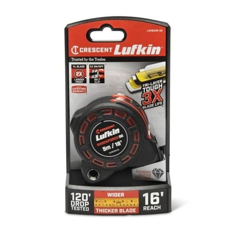 Retail packaging for the Crescent Lufkin Shockforce G2 L1216CME-02 tape measure, displaying the 120-foot drop test rating, 17-foot solo reach capability, and the 3x longer blade life due to tri-layer tough coating.