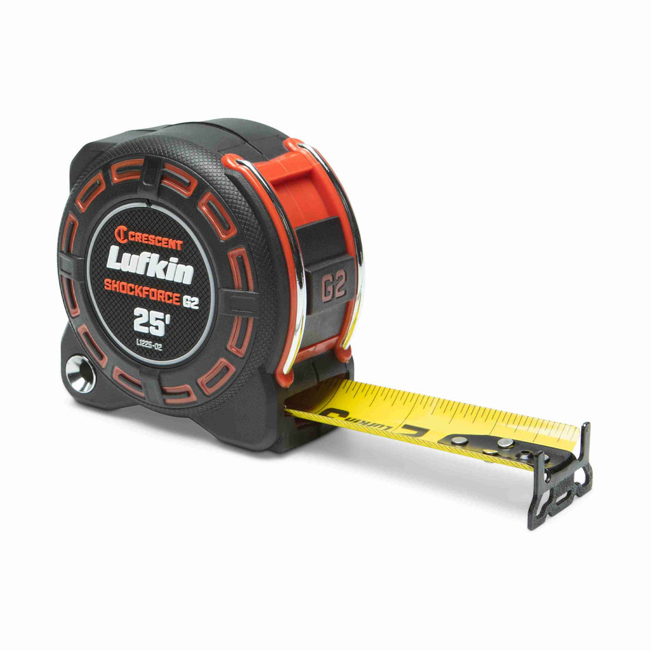 Angled product view of the Crescent Lufkin L1225-02 Shockforce G2 25-foot tape measure with its high-contrast yellow steel blade extended, featuring a black impact-resistant case with orange accents and an advanced diamond-coated end hook.