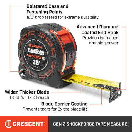 Feature infographic for the Crescent Lufkin Gen 2 Shockforce tape measure highlighting its 120-foot drop-tested bolstered case, advanced diamond-coated end hook, 17 feet of reach via a wider and thicker blade, and a protective blade barrier coating.