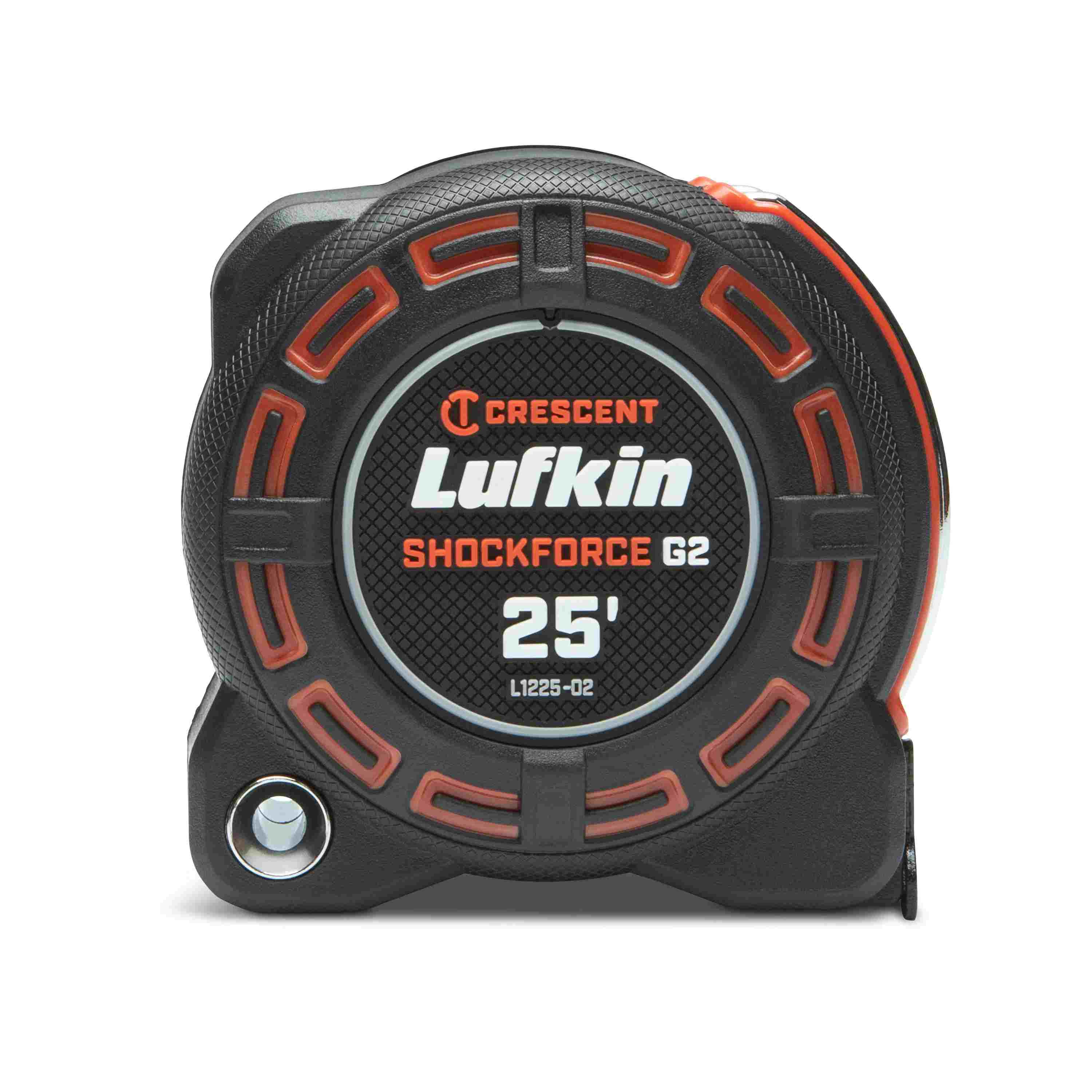 Direct side profile of the Crescent Lufkin Shockforce G2 25-foot tape measure showcasing the rugged black composite case design with textured orange grip zones and high-visibility branding.