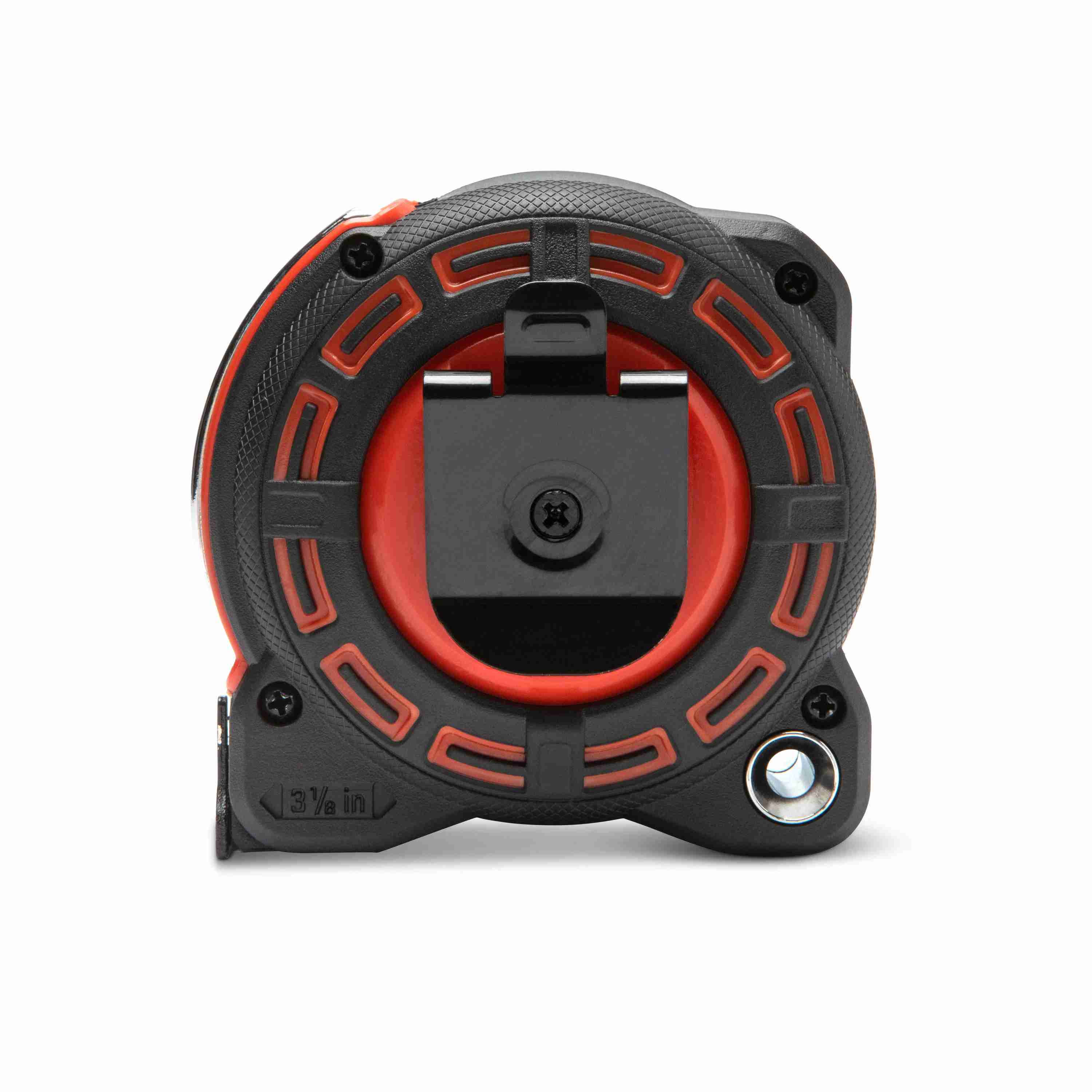 Rear view of the Crescent Lufkin L1225-02 tape measure highlighting the heavy-duty black steel belt clip and the reinforced case screws designed for maximum jobsite durability.