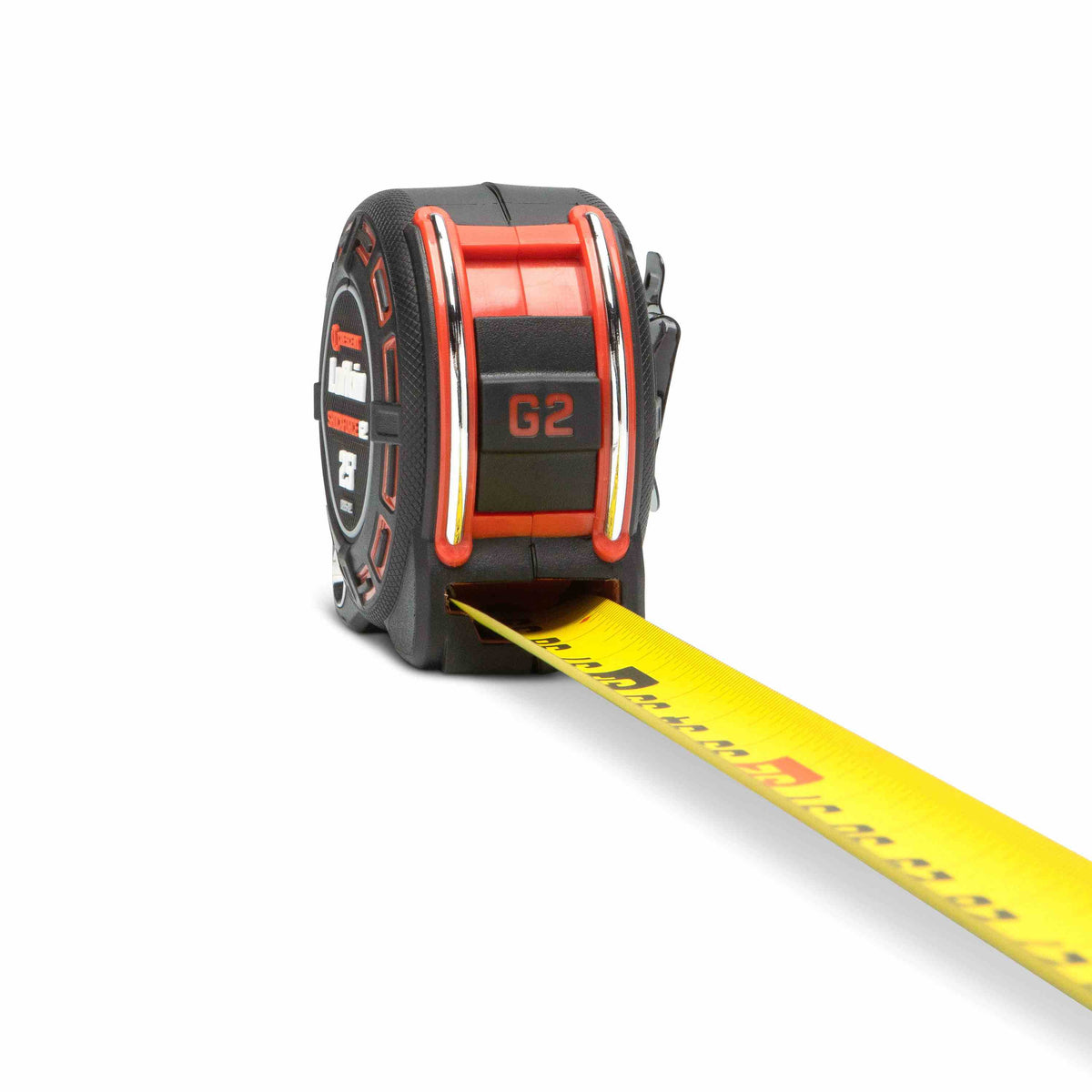 Perspective view of the Shockforce G2 tape measure with the yellow 1-1/4 inch wide blade extended toward the viewer, emphasizing the improved 360-degree grasping power of the redesigned end hook.