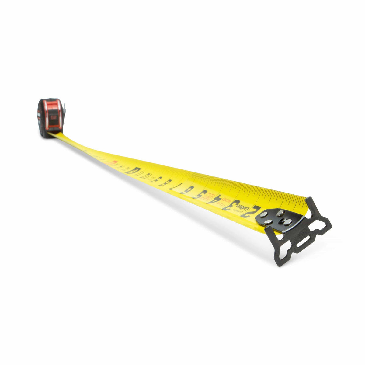 A demonstration of the Crescent Lufkin L1225-02's impressive 17-foot horizontal standout, showing the thick yellow blade remaining rigid across a long span for solo measurements.
