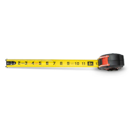 Top-down view of the 25-foot Shockforce G2 tape measure blade extended from the case, showing the clear, large-print SAE imperial measurements and matte finish for reduced glare.