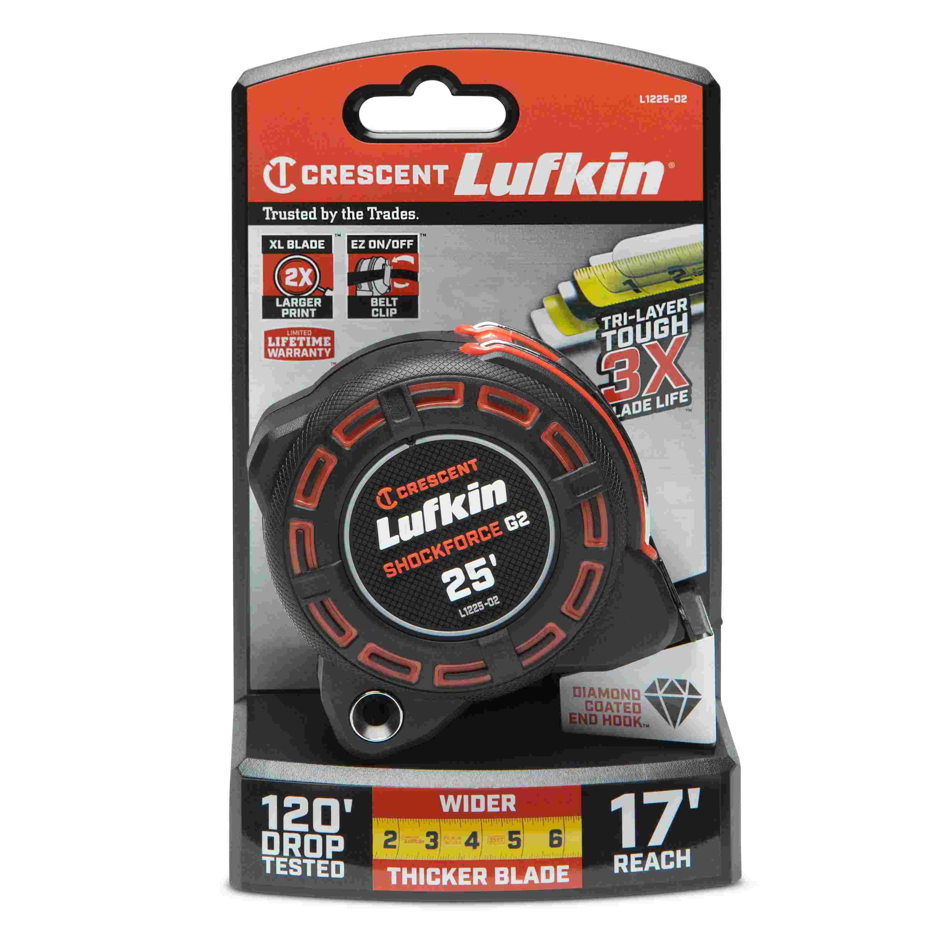 Retail packaging for the Crescent Lufkin Shockforce G2 L1225-02 tape measure, detailing the 120-foot drop test rating, 17-foot reach, and 3x longer blade life due to tri-layer tough coating.