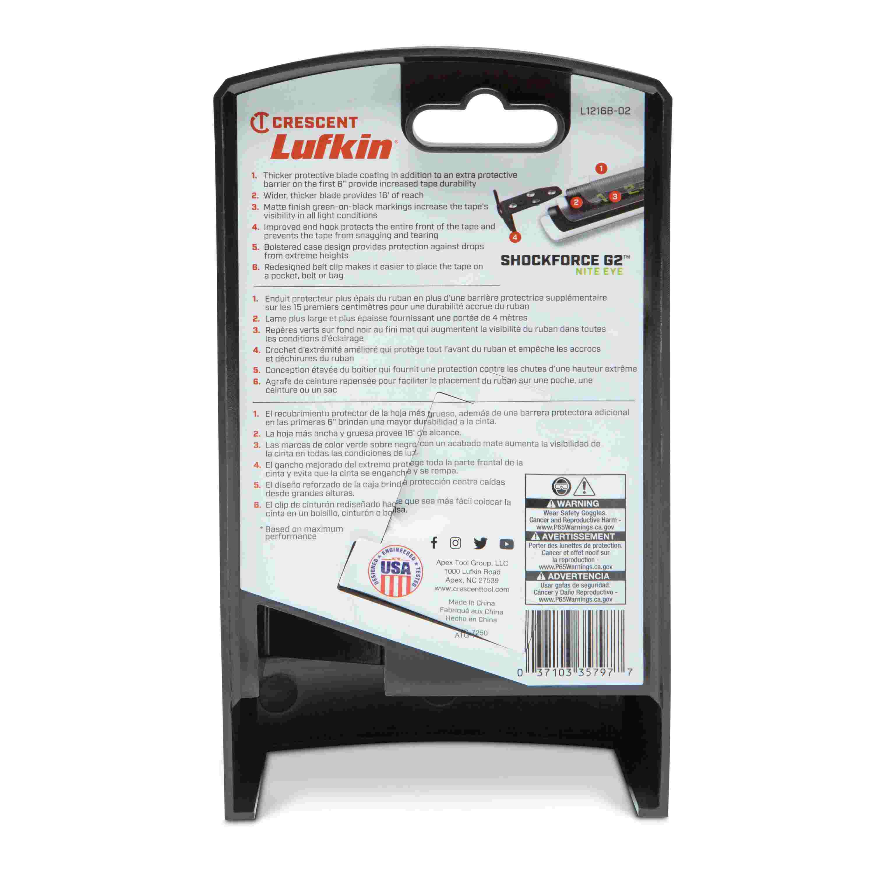 Back of the retail packaging for the L1225-02 tape measure providing technical features in multiple languages, including the thicker protective blade coating and improved end hook design.