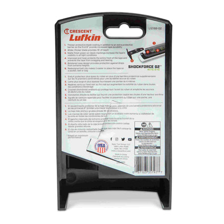 Back of the retail packaging for the L1225-02 tape measure providing technical features in multiple languages, including the thicker protective blade coating and improved end hook design.