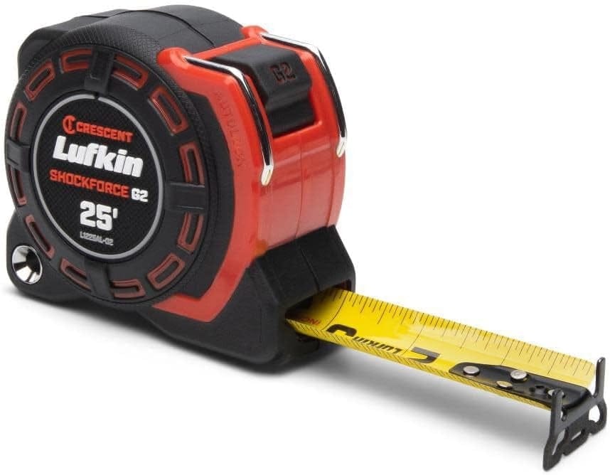 Angled product view of the Crescent Lufkin L1225ALCME-02 Shockforce G2 26-foot (8m) auto-lock tape measure featuring an extra-wide 1-1/4 inch high-visibility yellow steel blade with metric and imperial markings, a rugged black and orange impact-resistant case, and an advanced 360-degree end hook.