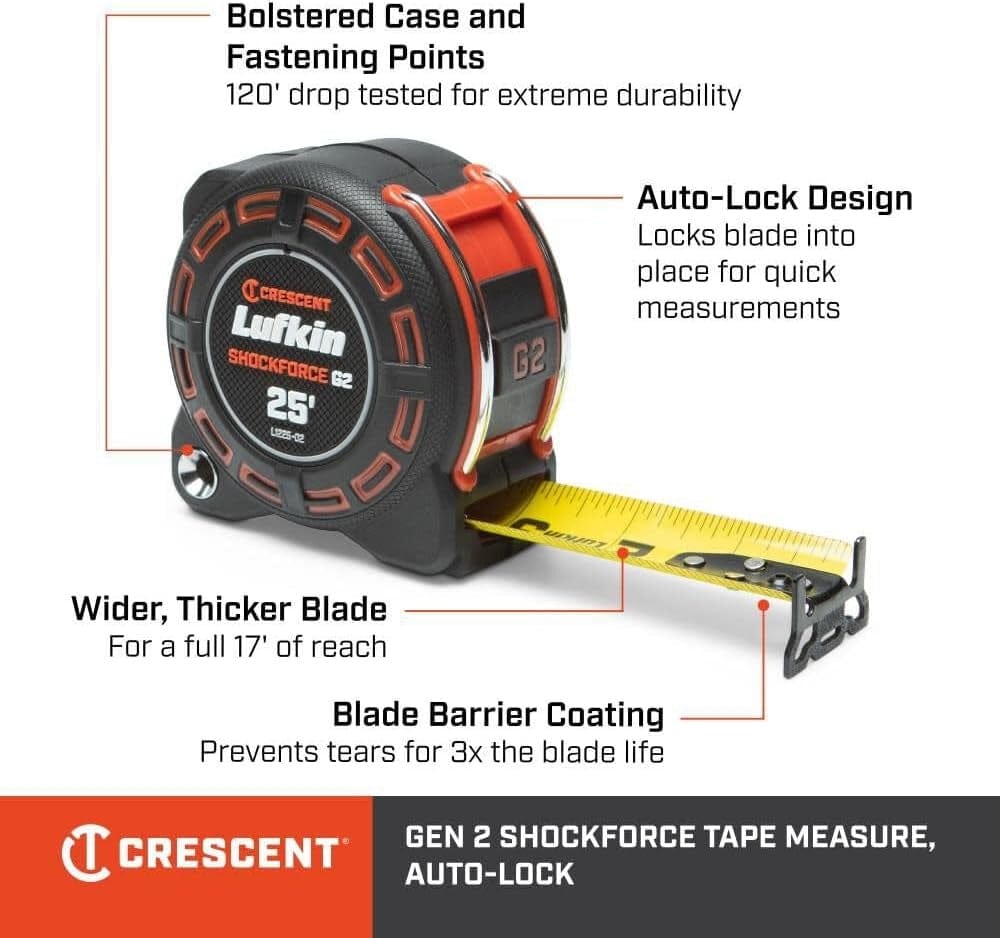 Infographic highlighting the professional features of the Gen 2 Shockforce auto-lock tape measure, including its 120-foot drop-tested bolstered case, auto-lock design for quick measurements, 17 feet of standout reach via a wider blade, and specialized blade barrier coating for 3x longer life.