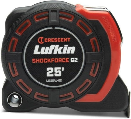 Direct side profile of the Crescent Lufkin Shockforce G2 26-foot auto-lock tape measure, showcasing the compact matte black composite housing with ergonomic orange rubber grip points and clear model branding.