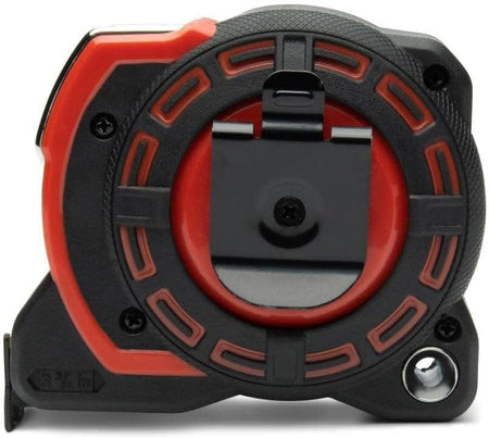 Rear view of the L1225ALCME-02 professional tape measure focusing on the heavy-duty black steel belt clip with an integrated release lever and the reinforced case fastening points for maximum jobsite durability.