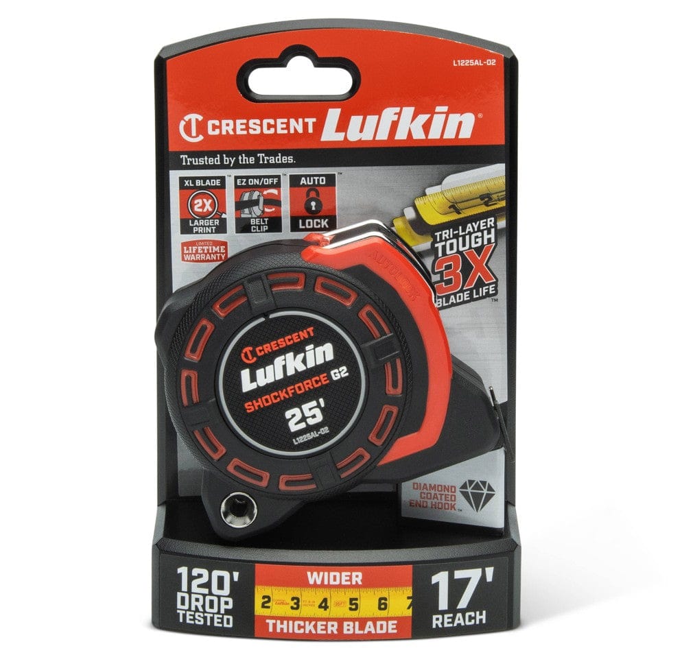 Retail packaging for the Crescent Lufkin Shockforce G2 L1225ALCME-02 tape measure, displaying the 120-foot drop test rating, 17-foot solo reach capability, and the 3x longer blade life due to tri-layer tough coating.