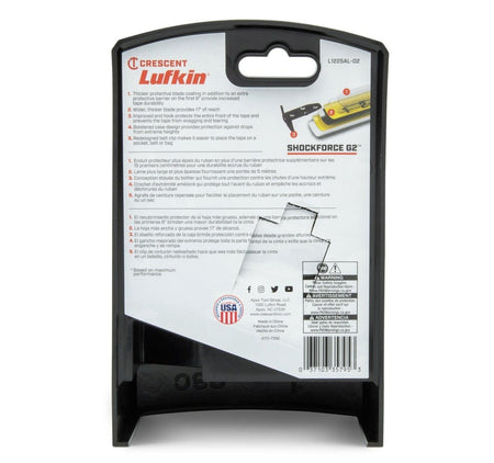 Back of the retail packaging for the L1225ALCME-02 tape measure providing multi-language technical specifications, including information on the reinforced tip geometry, 1/4 inch quick-release hex shank, and steel tether point.