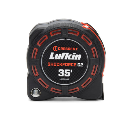 Front profile view of the Crescent Lufkin Shockforce G2 35-foot tape measure isolated on a white background. The heavy duty construction measuring tool features a rugged matte black case with textured gripping areas, red protective accents, a steel tether point, and centered white and red branding detailing model L1235-02.
