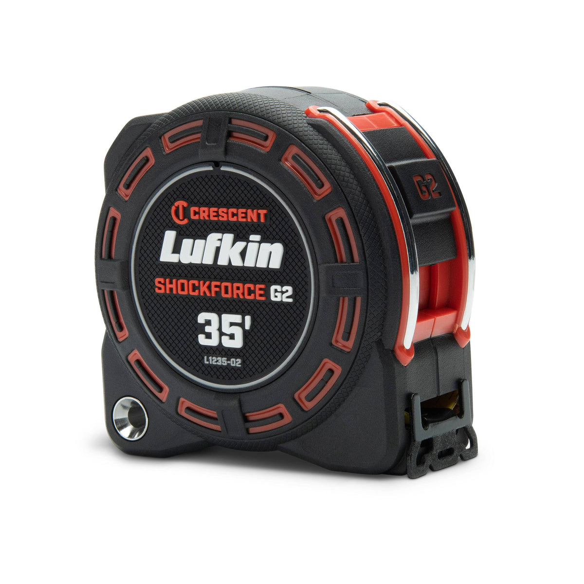 Angled prospective view of the heavy duty Crescent Lufkin Shockforce G2 35 ft tape measure. The shot highlights the drop tested case design, red lock button, textured black rubber overmold, integrated belt clip framework, and the diamond coated end hook assembly at the base.