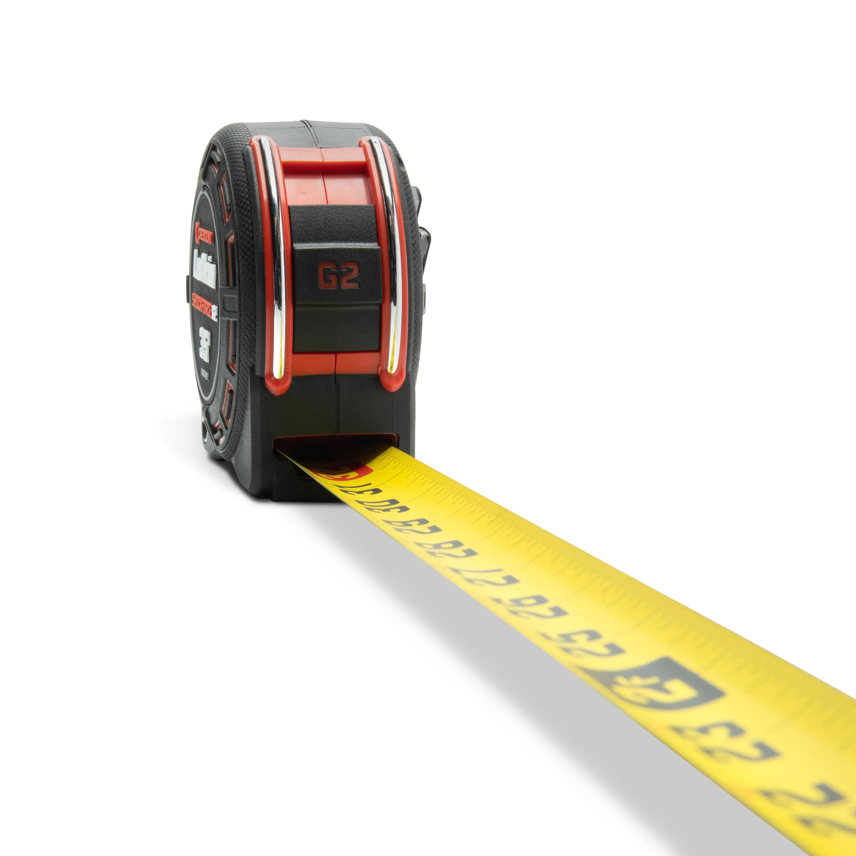 Rear perspective view of the Crescent Lufkin Shockforce G2 tape measure with its high visibility yellow steel blade extended forward. The thick layout blade shows clear imperial SAE markings while demonstrating its 17 foot straight standout reach capability.