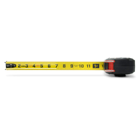 Side view of the extended yellow blade on the Crescent Lufkin Shockforce G2 35-foot tape measure. The high visibility layout blade is pulled straight to showcase the bold black and red numbers, inch increments, and clear fraction markings starting from the diamond coated end hook.