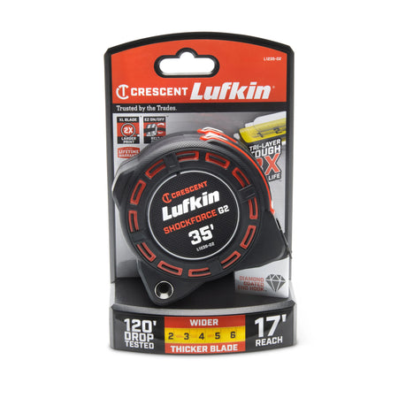 Retail product packaging of the Crescent Lufkin Shockforce G2 35' tape measure. The red and black cardboard display hanging card lists key conversion features including a 120 foot drop tested chassis, a thicker blade design, and a 17 foot reach capability.