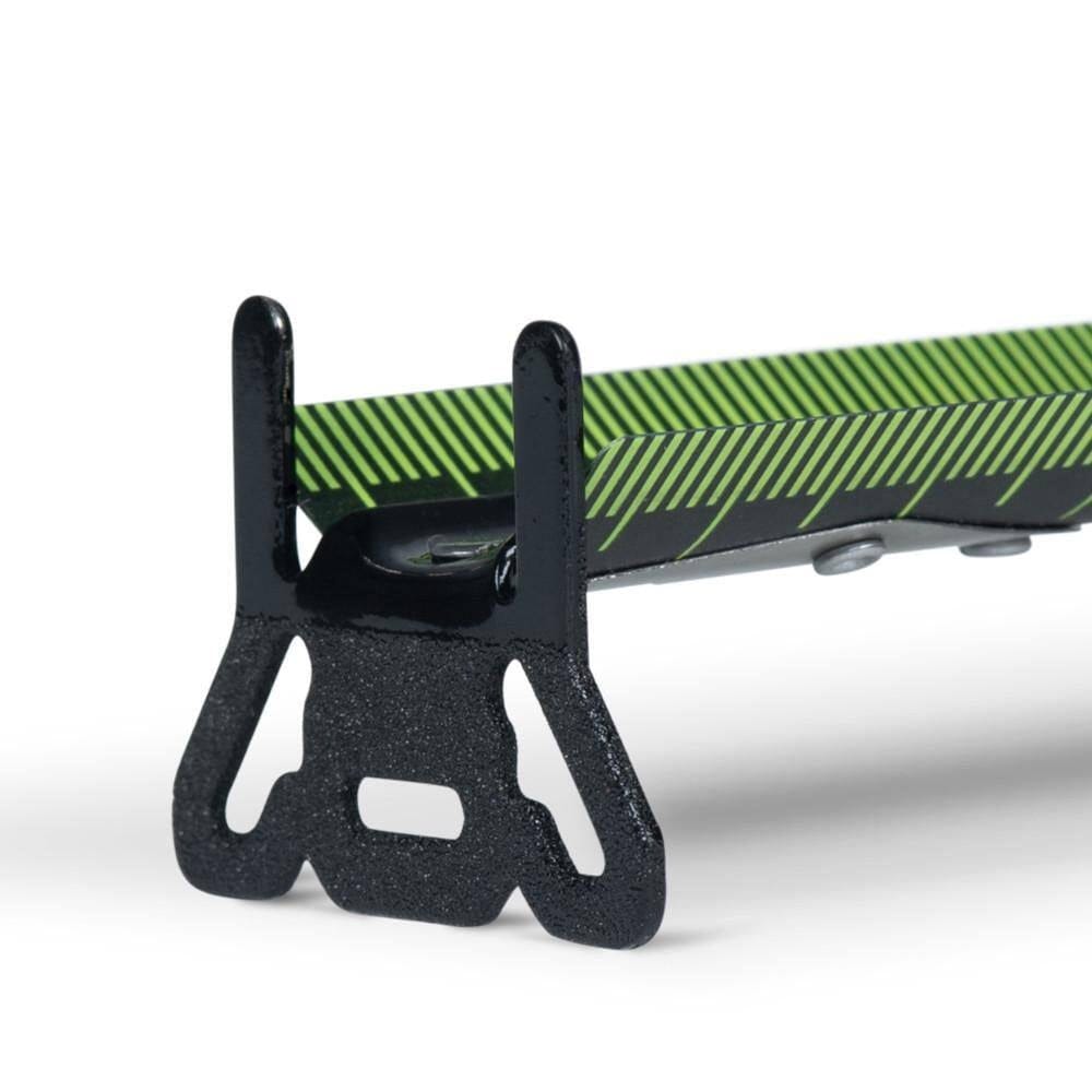 Close-up of the diamond-coated end hook on a high-visibility tape measure blade showing the 360-degree gripping capability and nail slot.