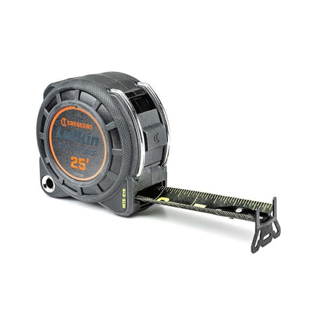 Angled product shot of the Crescent Lufkin L1125B-02 Shockforce Nite Eye tape measure with the matte black blade partially extended, showing the high-visibility green markings and the heavy-duty 360-degree endhook.