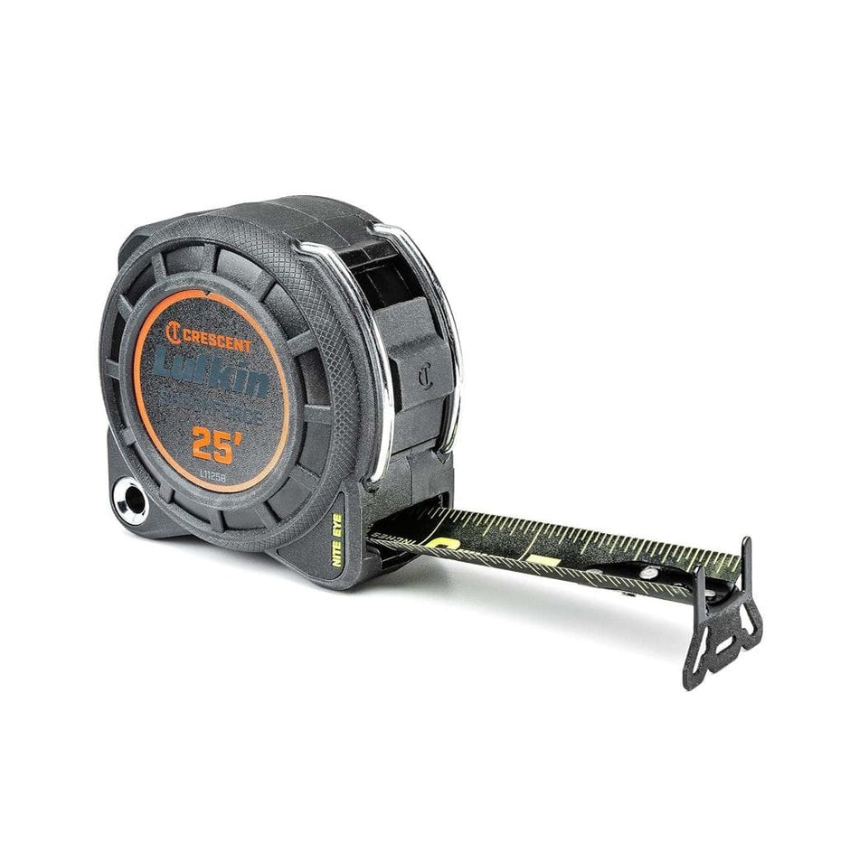 Angled product shot of the Crescent Lufkin L1125B-02 Shockforce Nite Eye tape measure with the matte black blade partially extended, showing the high-visibility green markings and the heavy-duty 360-degree endhook.