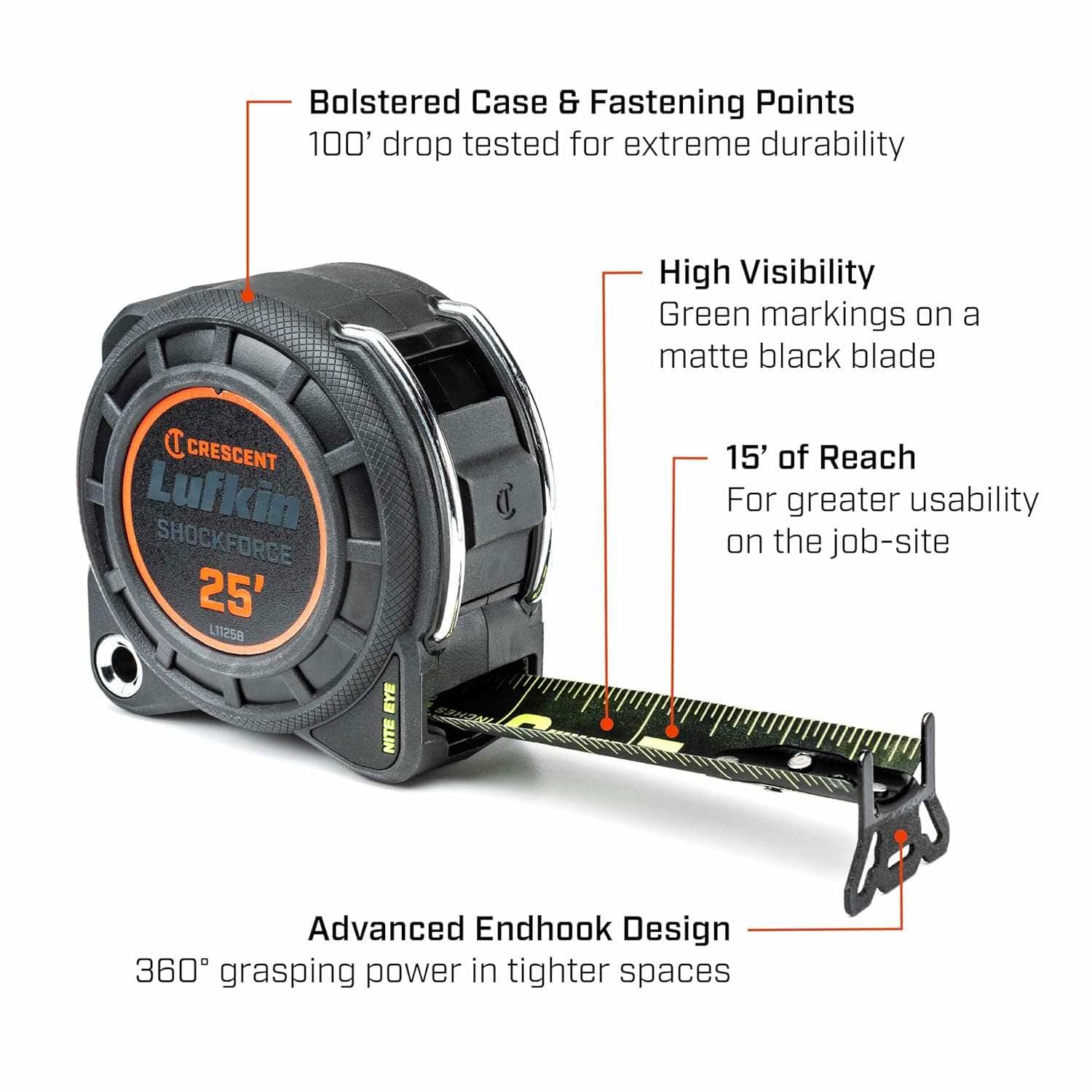 Infographic of the Crescent Lufkin Shockforce Nite Eye 25-foot tape measure highlighting a bolstered case and fastening points drop-tested for 100 feet, a high-visibility green on matte black blade, 15 feet of reach for job-site usability, and an advanced 360-degree grasping endhook design.