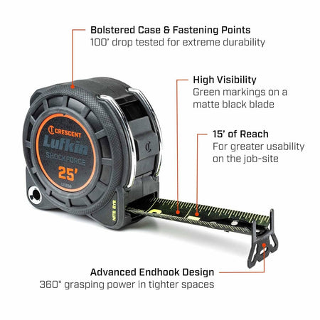 Infographic of the Crescent Lufkin Shockforce Nite Eye 25-foot tape measure highlighting a bolstered case and fastening points drop-tested for 100 feet, a high-visibility green on matte black blade, 15 feet of reach for job-site usability, and an advanced 360-degree grasping endhook design.