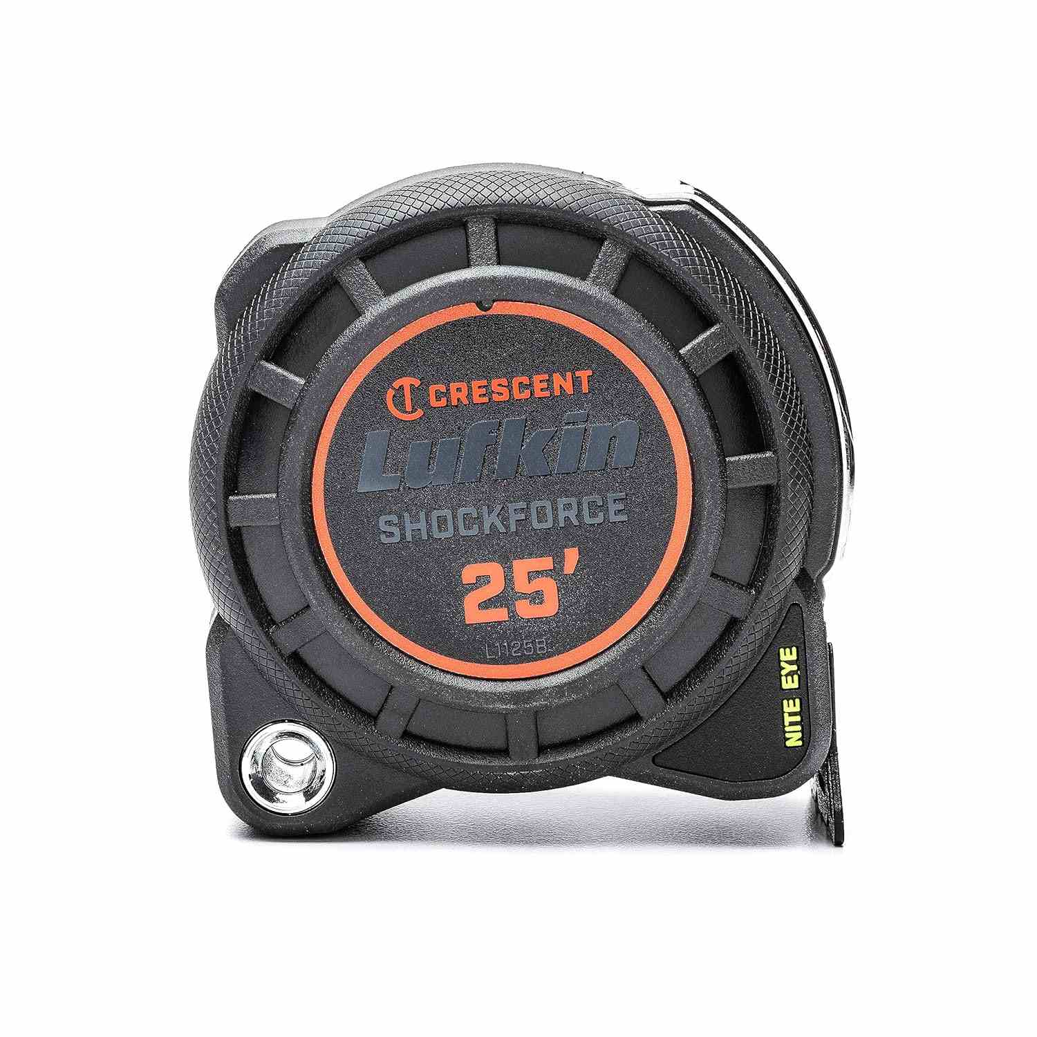 Direct side view of the Crescent Lufkin Shockforce 25-foot tape measure featuring a rugged black impact-resistant case with orange branding and a Nite Eye high-visibility logo near the blade exit.